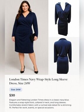 London Times Navy Ruched Waist Dress Plus Size 24W Long Sleeve Sheath